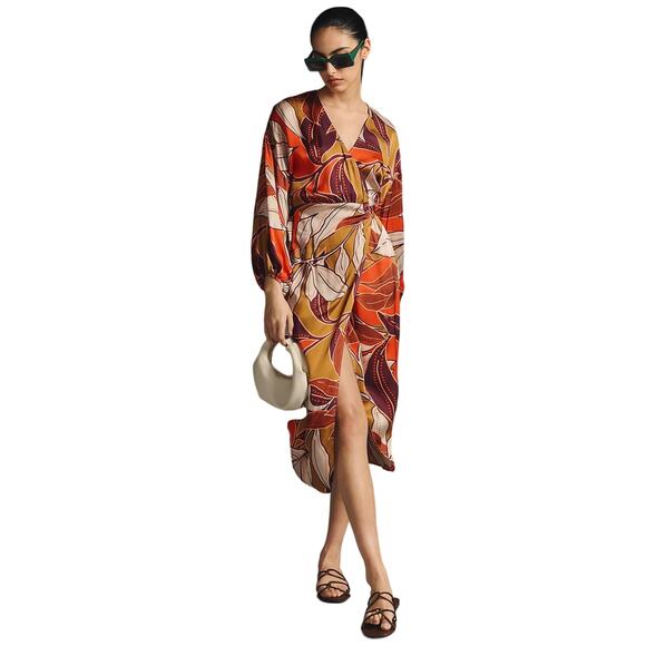 Anthropologie Floral Printed Satin Long Sleeve Wrap Midi Dress Size Small - Picture 1 of 11